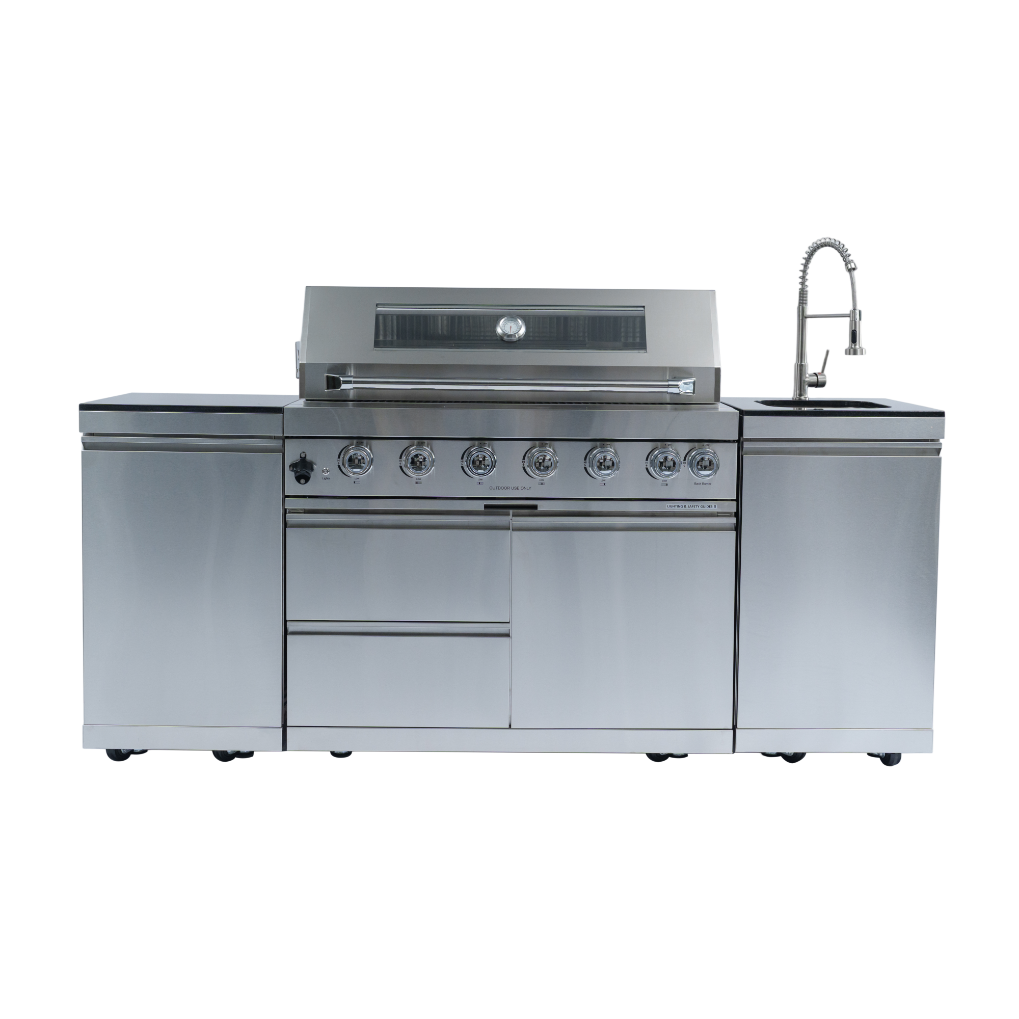 82" 6-Burner 85000 BTU Silver Outdoor Kitchen Island Grill + Storage Cabinets & Drawers & Sink/Faucet by Chery Industrial