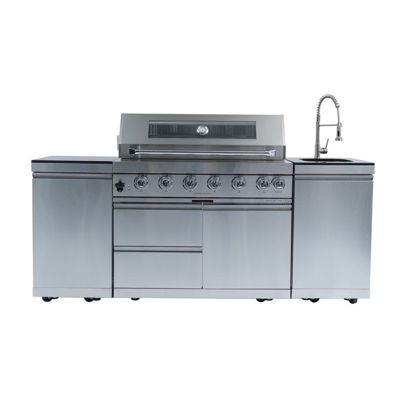 82" 6-Burner 85000 BTU Silver Outdoor Kitchen Island Grill + Storage Cabinets & Drawers & Sink/Faucet by Chery Industrial
