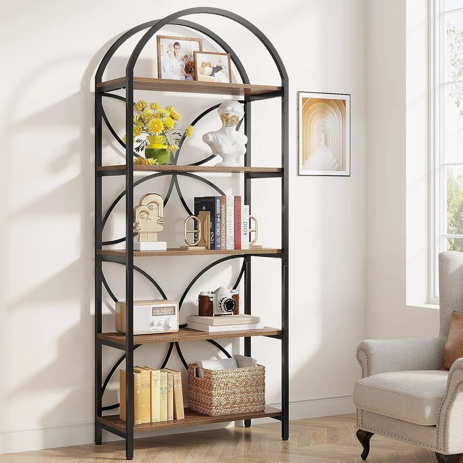 Tall 5 Tier Arched Bookshelf With Shelves For Living Room - Rustic Brown by HouseOfZazla