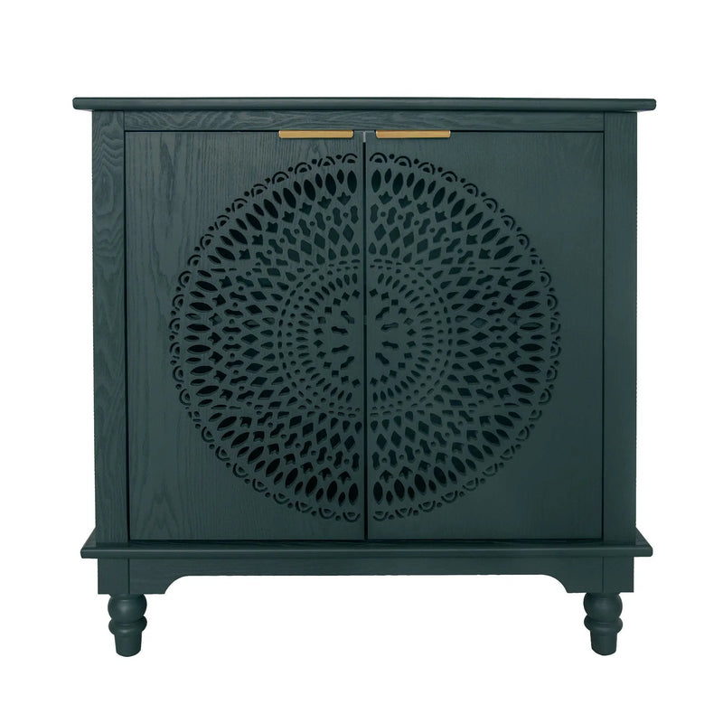 Hollow Carved 2 Door Accent Cabinet With Adjustable Shelf, Sideboard Buffet For Entryway, Living Room Or Bedroom - Blackish Green by Unique Piece Furniture
