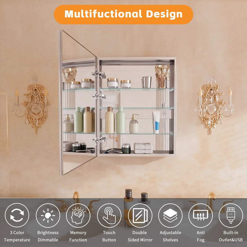 Bathroom LED Lighted Medicine Cabinet with Storage, 24" W x 30" H by HouseOfZazla