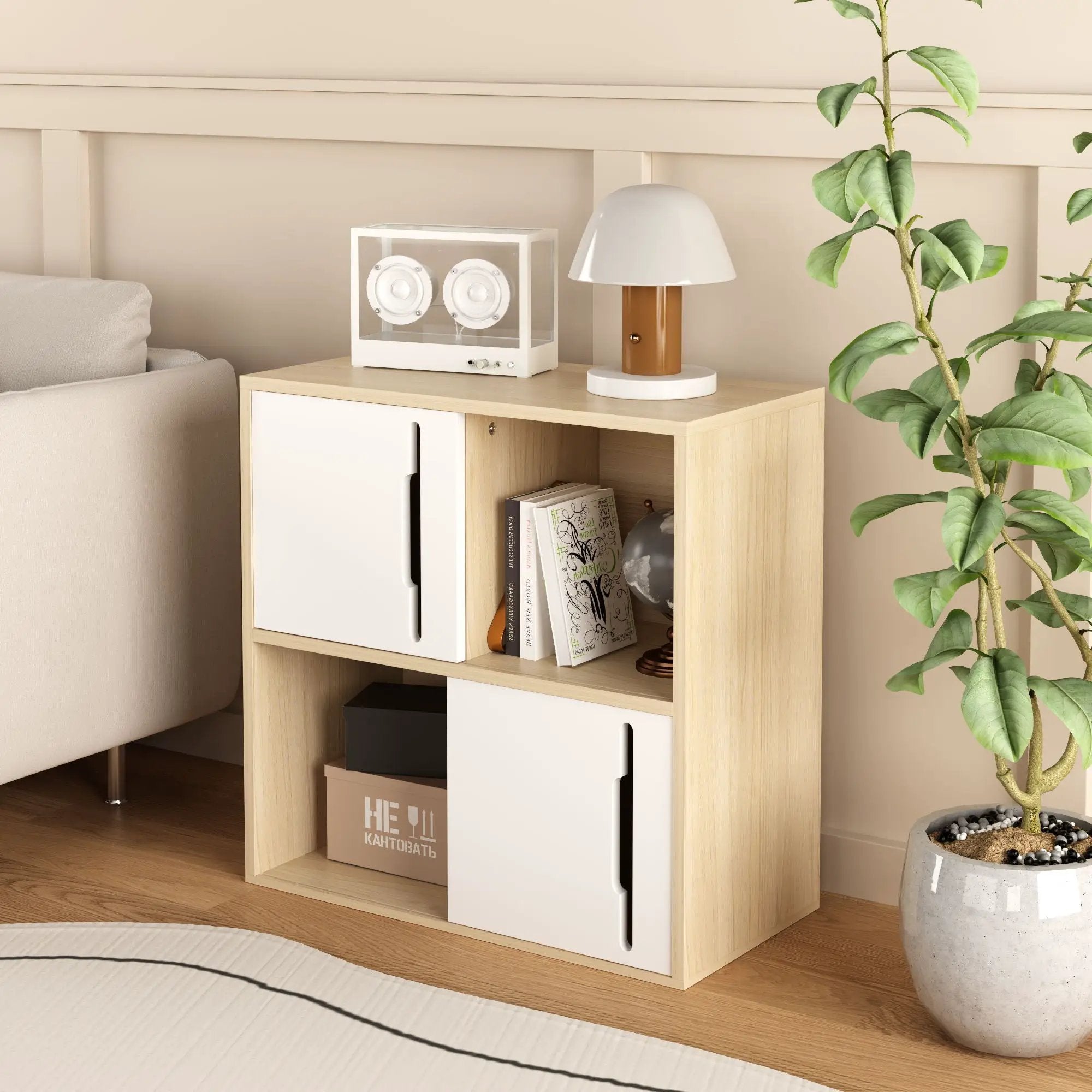 Storage Cabinet With Sliding Doors, 2 Tier Open And Closed Shelves Organizer - Natural / White by Unique Piece Furniture