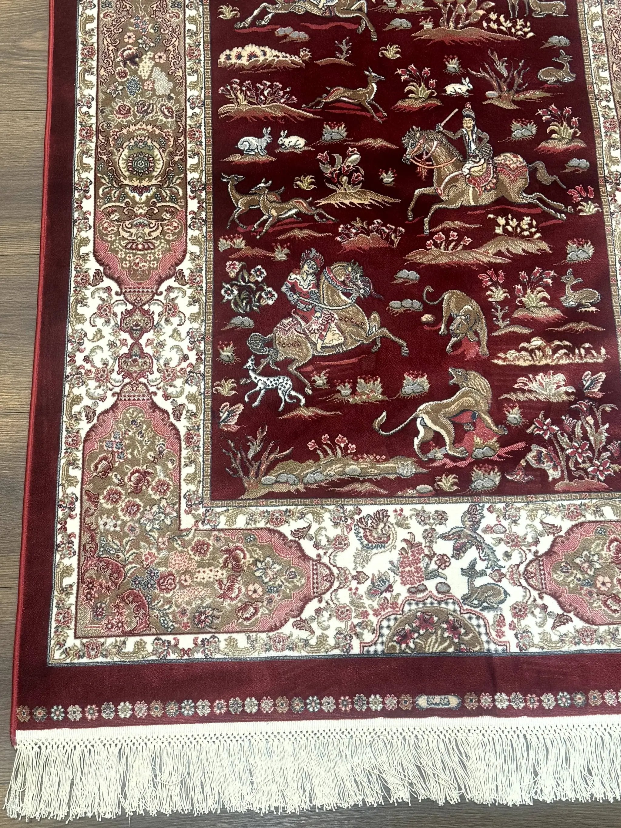 Turkish Silk Rug 3x5, Hunting Design, Dark Red & Ivory, Bamboo Silk, New by Jewel Rugs