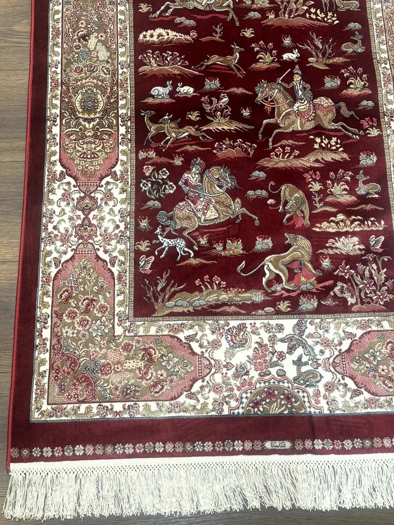 Turkish Silk Rug 3x5, Hunting Design, Dark Red & Ivory, Bamboo Silk, New by Jewel Rugs