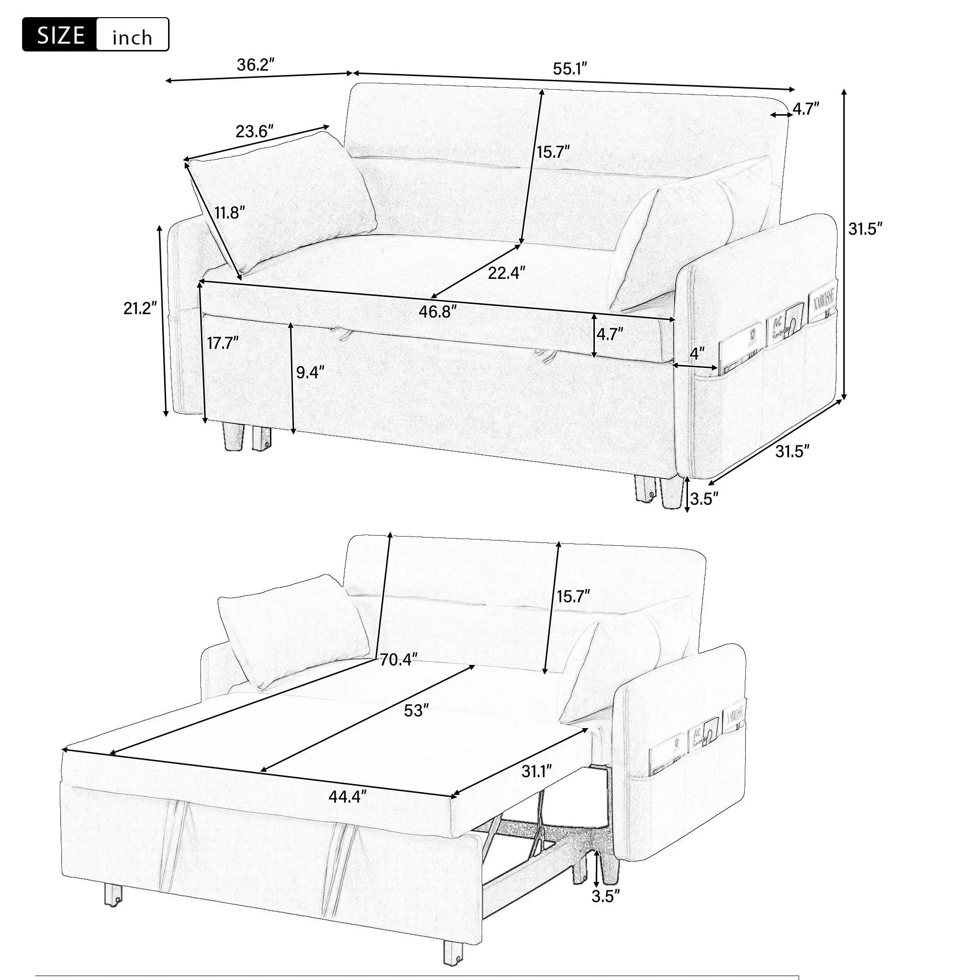 Pull Out Sleep Sofa Bed Loveseats Sofa Couch With Adjsutable Backrest, Storage Pockets, 2 Soft Pillows, USB Ports For Living Room, Bedroom, Apartment, Office by Unique Piece Furniture