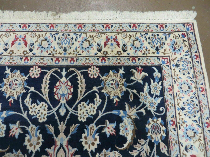 Persian Nain Rug 4x7, Navy Blue and Ivory, Handmade, Wool & Silk Highlights, Fine Oriental Rug, Vintage by Jewel Rugs