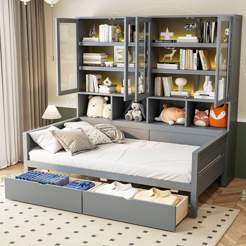 Daybed With Glass Door Storage Cabinets, Built In LED Lighting And Shelves by Unique Piece Furniture