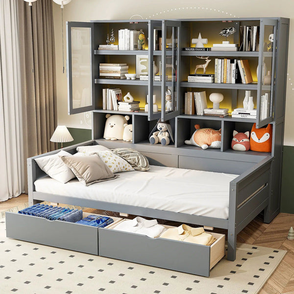 Daybed With Glass Door Storage Cabinets, Built In LED Lighting And Shelves