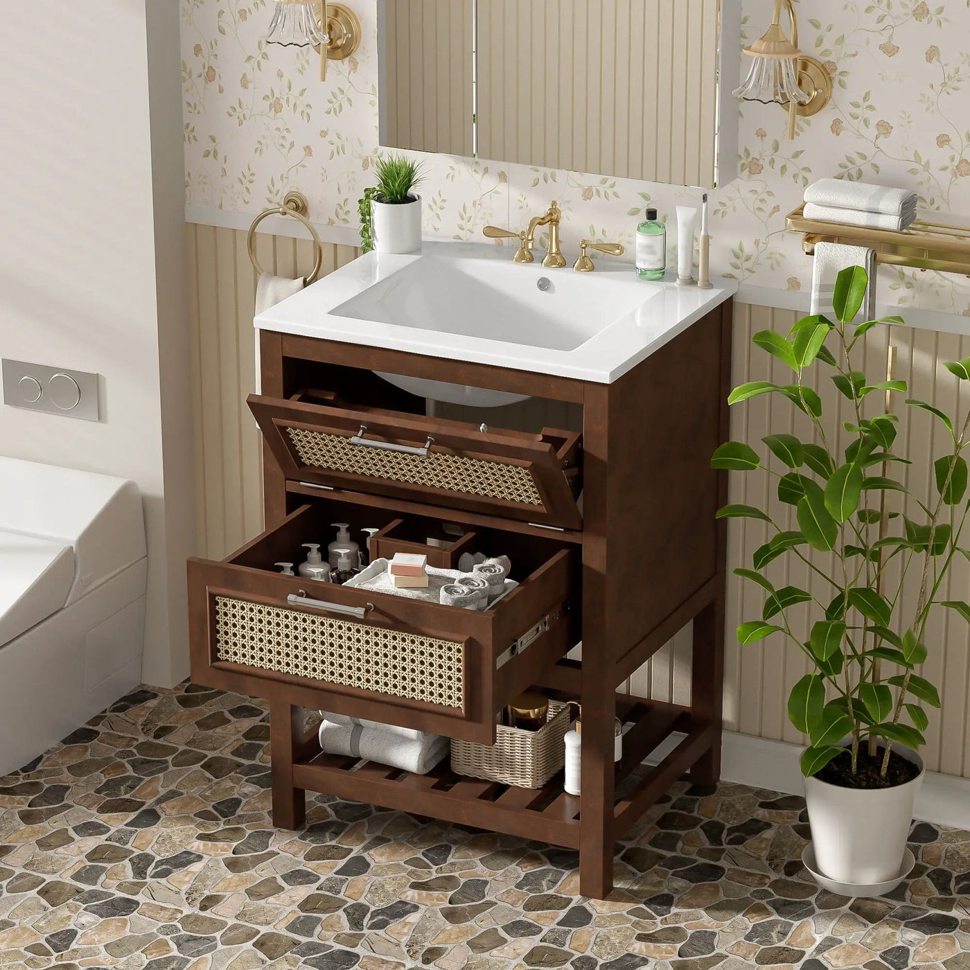 Modern Bathroom Vanity With Integrated Sink, Cabinet With 1 Deep Drawer And 1 Tip-Out Drawer by Unique Piece Furniture