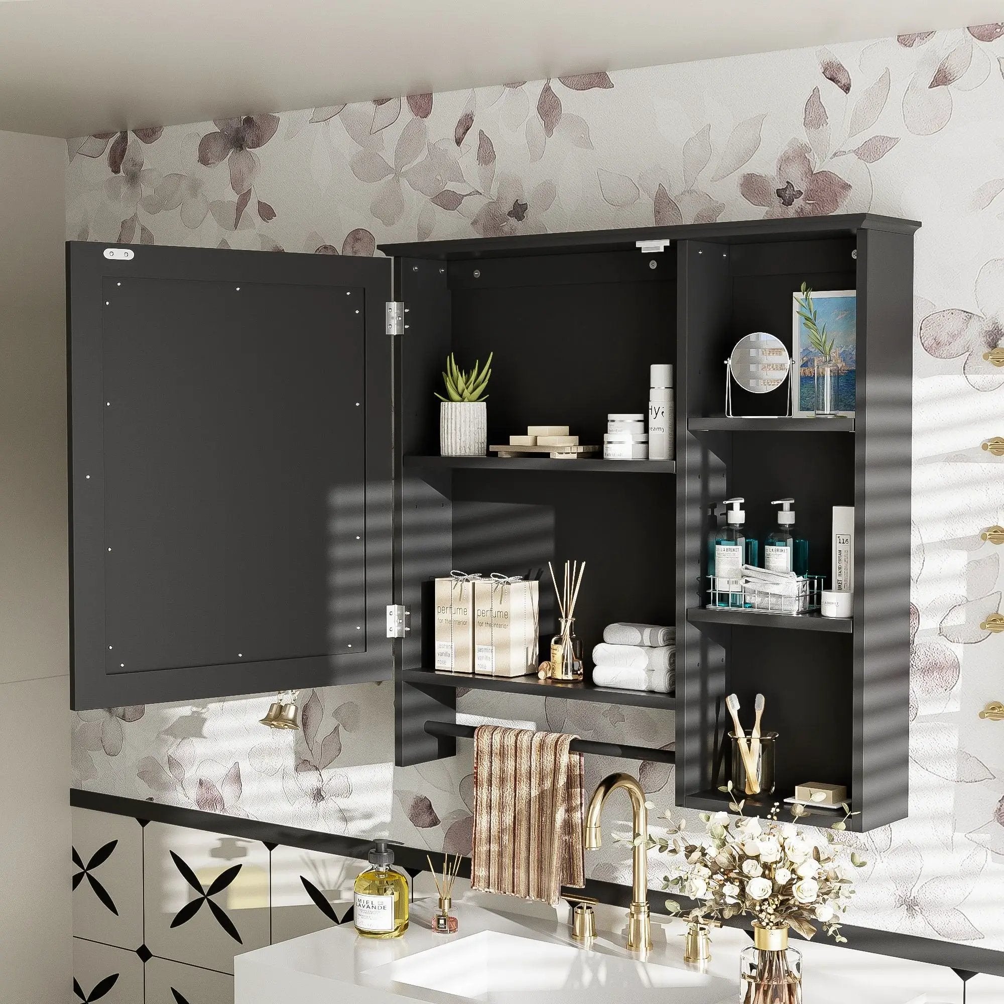 Wall Mounted Bathroom Storage Cabinet, Medicine Cabinets With Large Mirror Door, Adjustable Shelves And Three Open Storage Levels(Not Include Bathroom Vanity) by HouseOfZazla