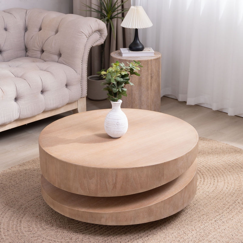 Modern Round Wood Coffee Table with Sculptural Two-Tier Design - Natural, photo 4 of 4