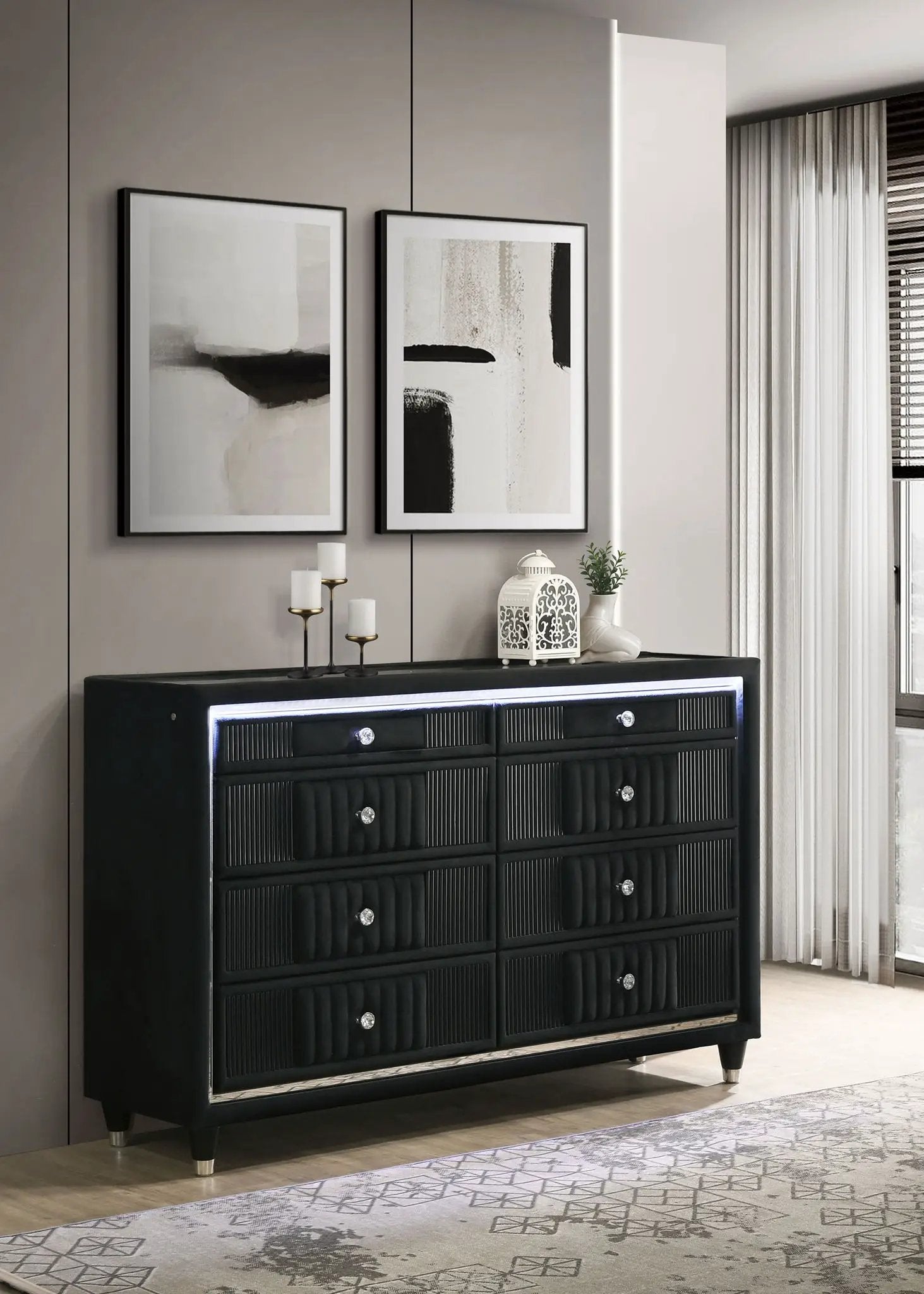 Ravenne 6-drawer Velvet Upholstered LED Dresser Cabinet Black by Unique Piece Furniture