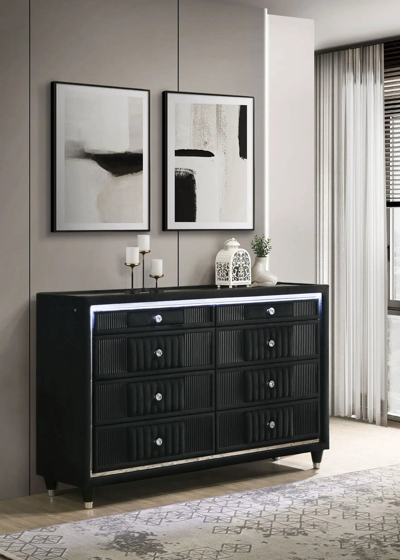 Ravenne 6-drawer Velvet Upholstered LED Dresser Cabinet Black by Unique Piece Furniture