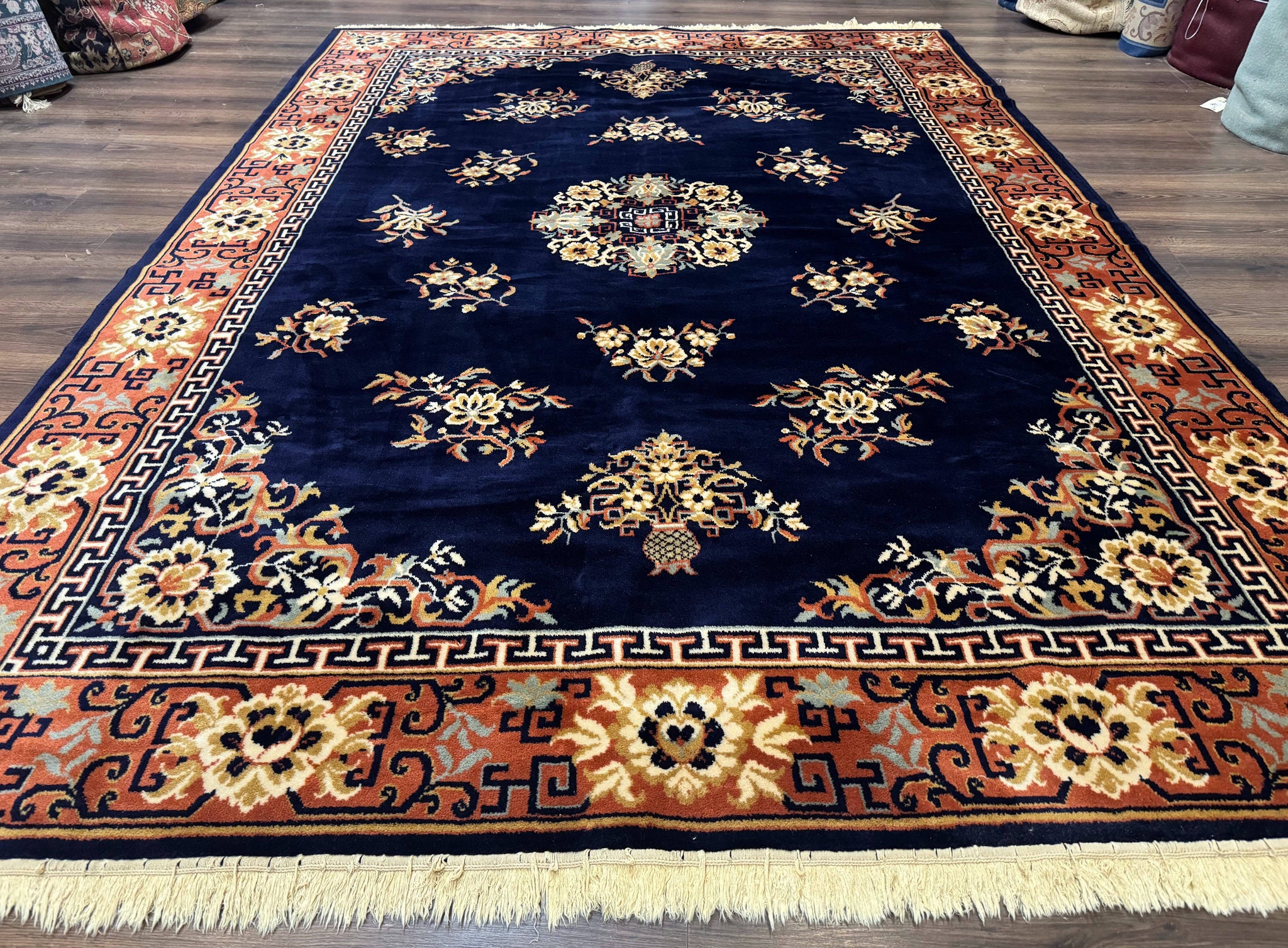 Chinese Wool Rug 8x11, Navy Blue and Terracotta, Floral, Couristan Belgium Power Loomed Carpet by Jewel Rugs