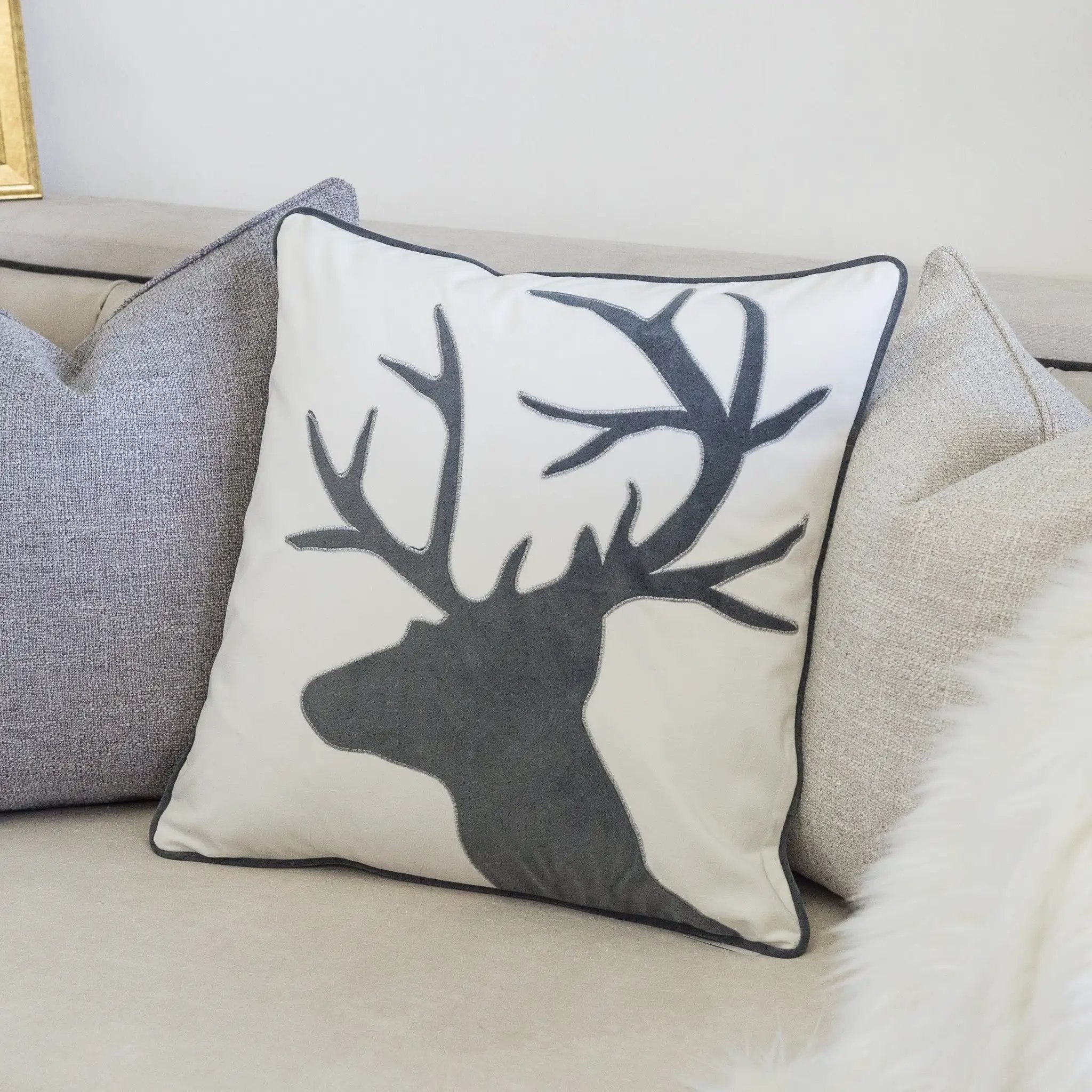 Holiday Reindeer Velvet Accent Pillow 20x20 – White and Gray with Insert by HouseOfZazla