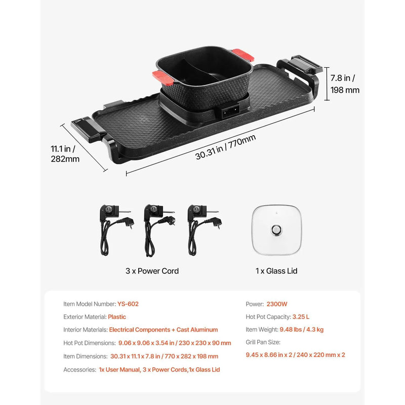Hot Pot with Grill 2300W 2-in-1 Electric Smokeless BBQ Pan with Removable Pot by HouseOfZazla