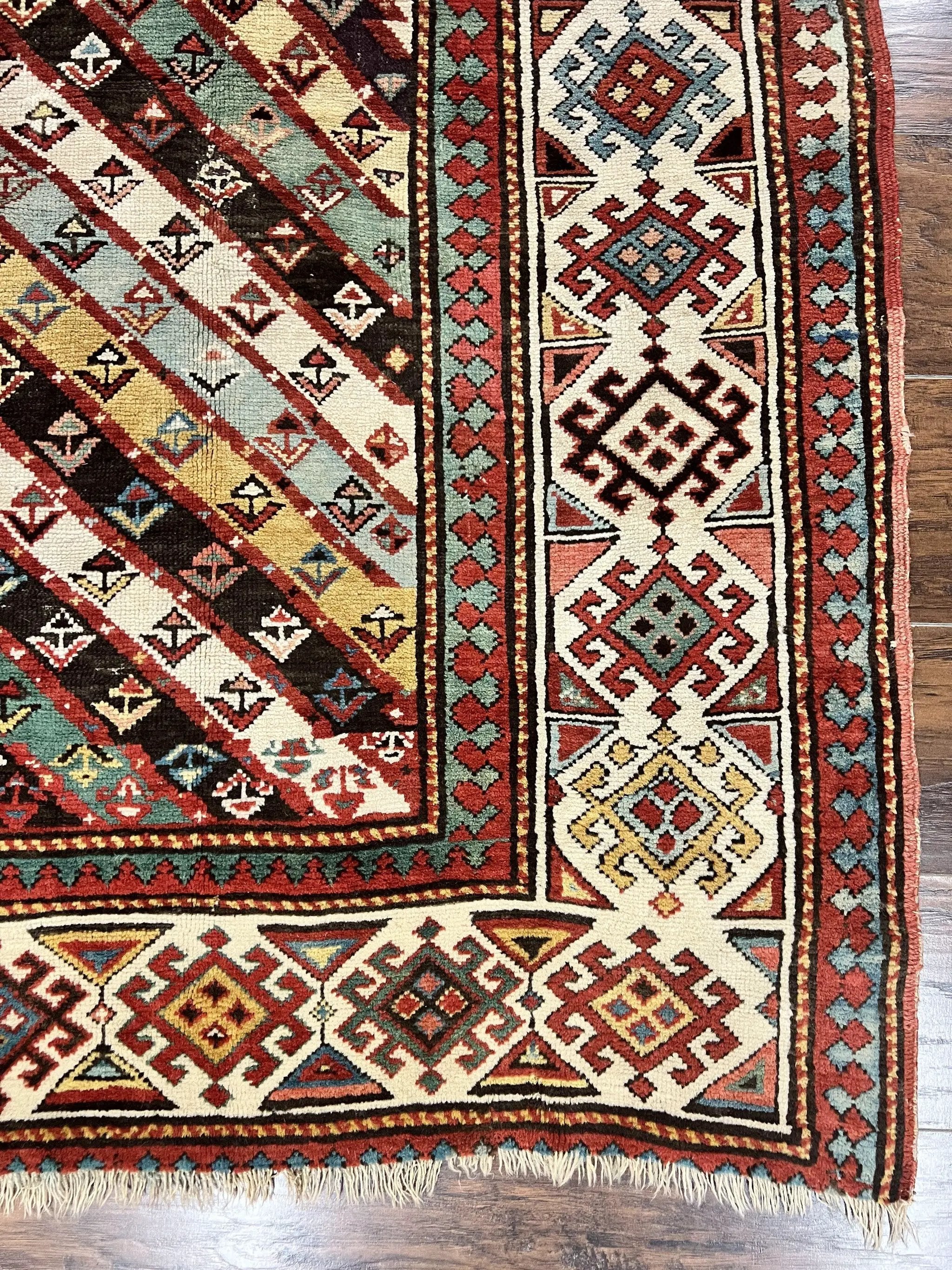 Caucasian Kazak Runner Rug 3.6 x 8, Wool Hand Knotted Antique 1880s Carpet, Ivory & Multicolor Stripes Oriental Runner Rug, Hallway Rug by Jewel Rugs