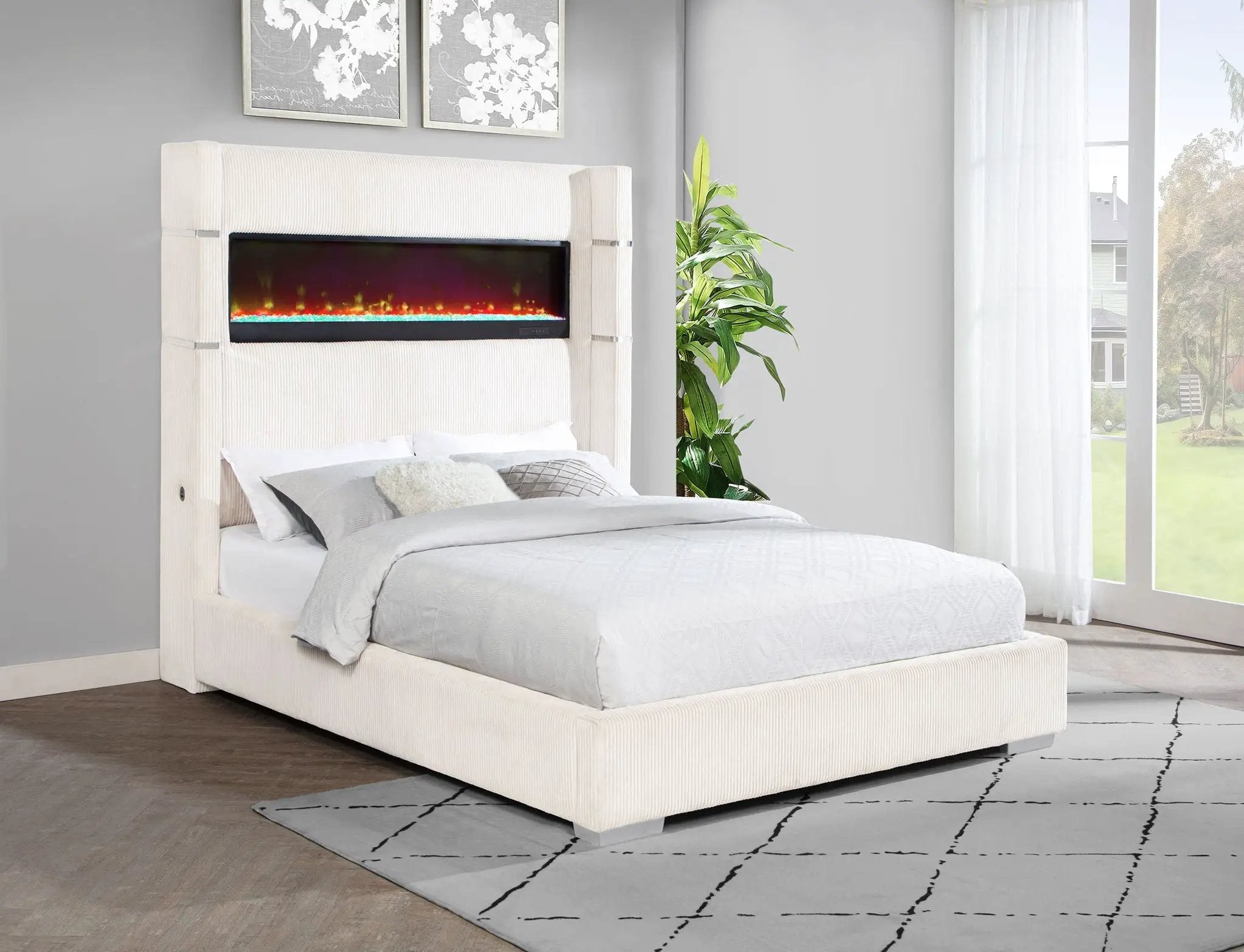 Tisdall Upholstered Queen Flame Visualizer Bed Cream by Unique Piece Furniture