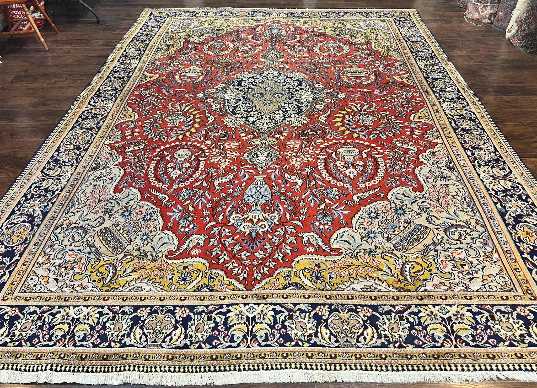 Wonderful Persian Qum Rug 10x14, Wool w/ Silk Highlights, Hand Knotted Semi Antique Vintage Carpet, Red, Floral, Fine Weave, Birds Deer Pictorials by Jewel Rugs