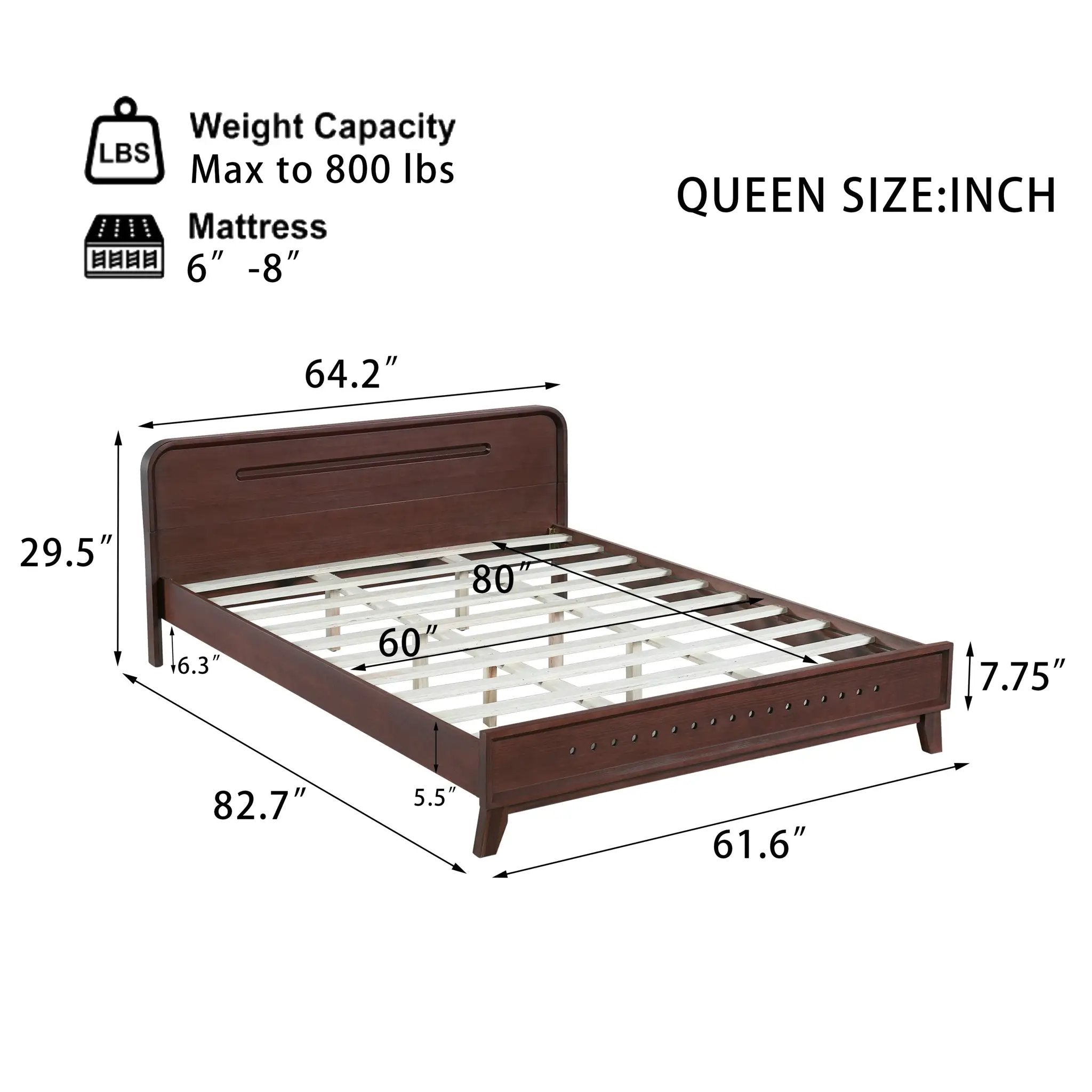 Pine Solid Wood Queen Size Bed, Dark Walnut by HouseOfZazla