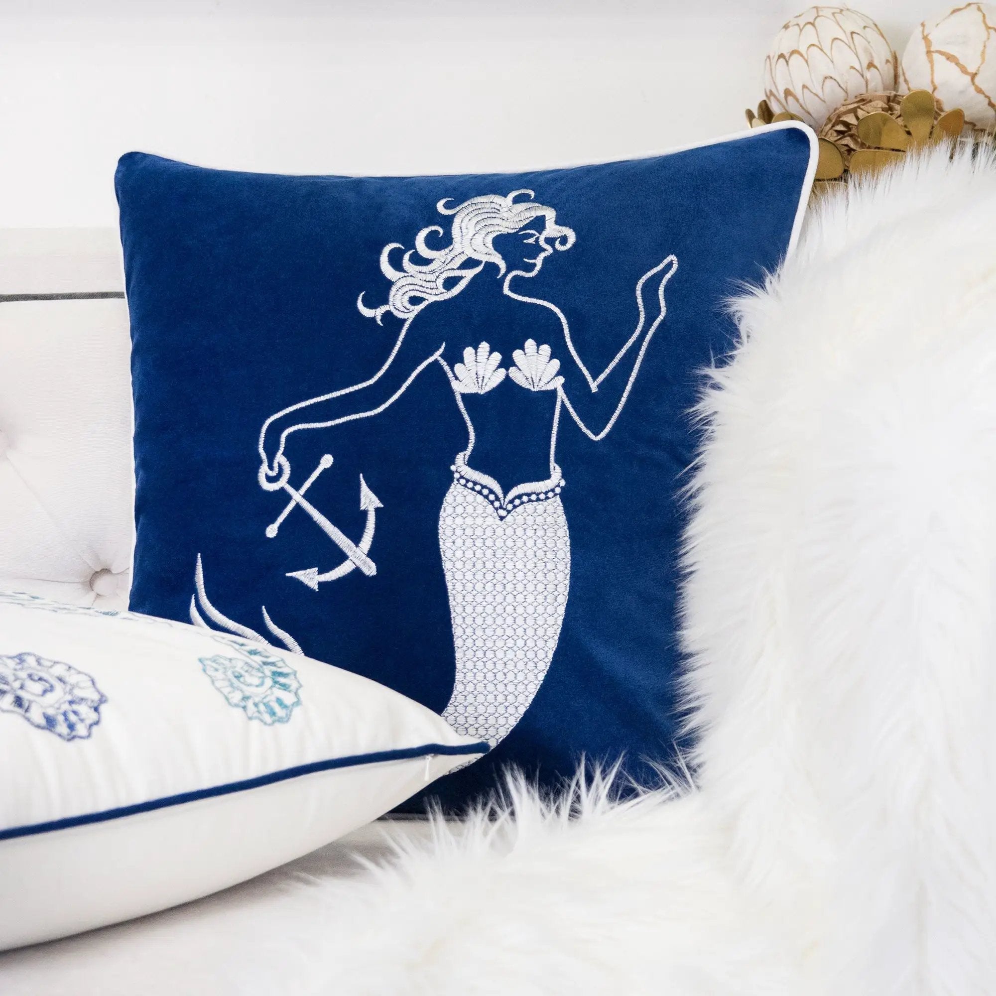 Liz Mermaid Pillow Cover With Matching Back And Hidden Zipper - Indigo by Unique Piece Furniture