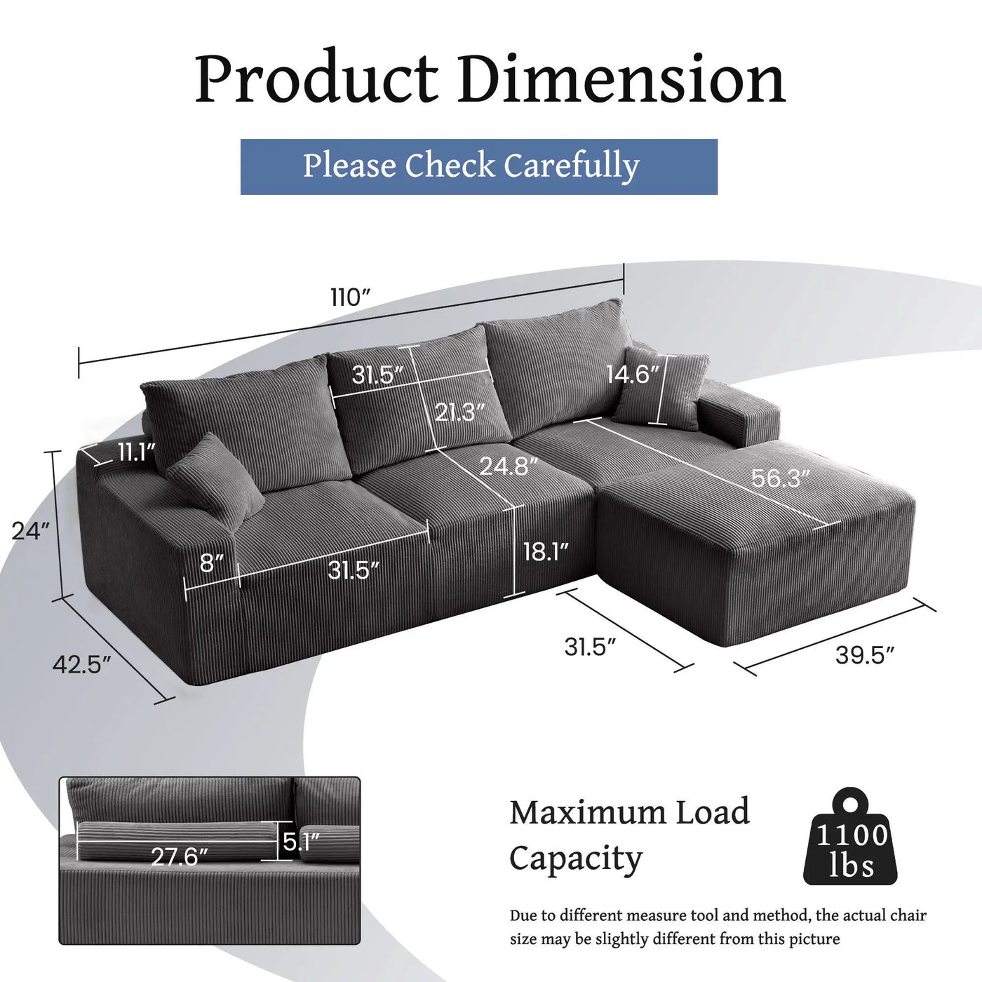 L Shaped Sectional Sofa, Full Compression 3 Seater Cloud Couch With Chaise by Unique Piece Furniture