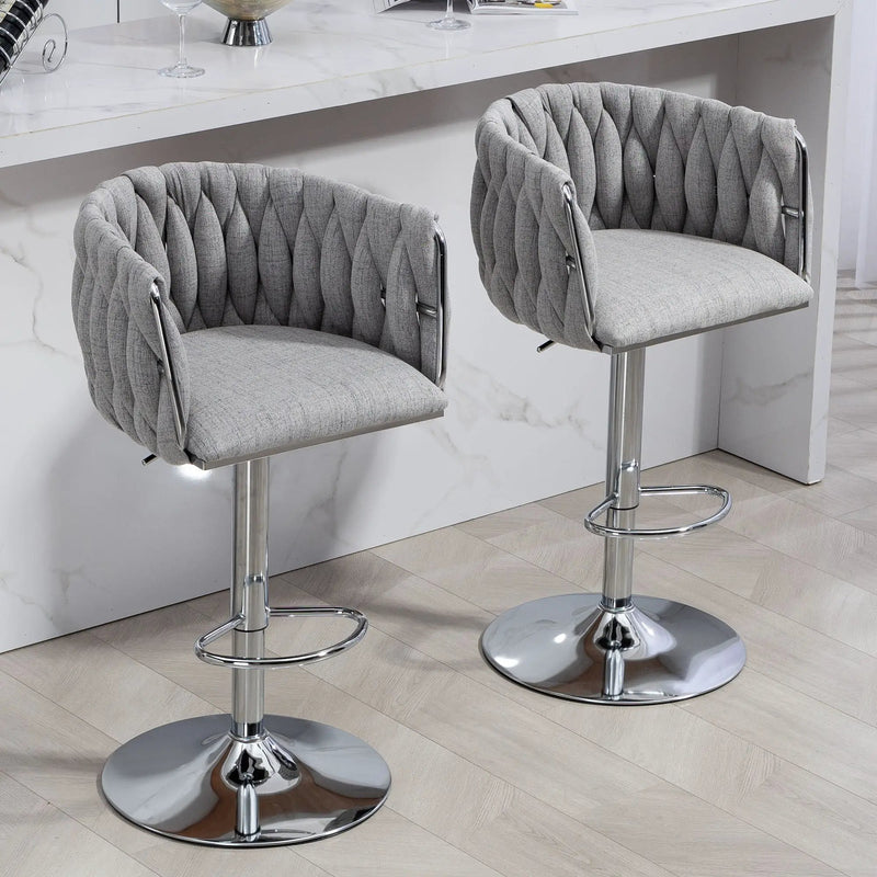 360 Degree Swivel Bar Stools Adjustable Counter Height Bar Chairs With Woven Back & Footrest, Silver Chromed Bar Stools For Kitchen Island (Set of 2) - Gray by HouseOfZazla