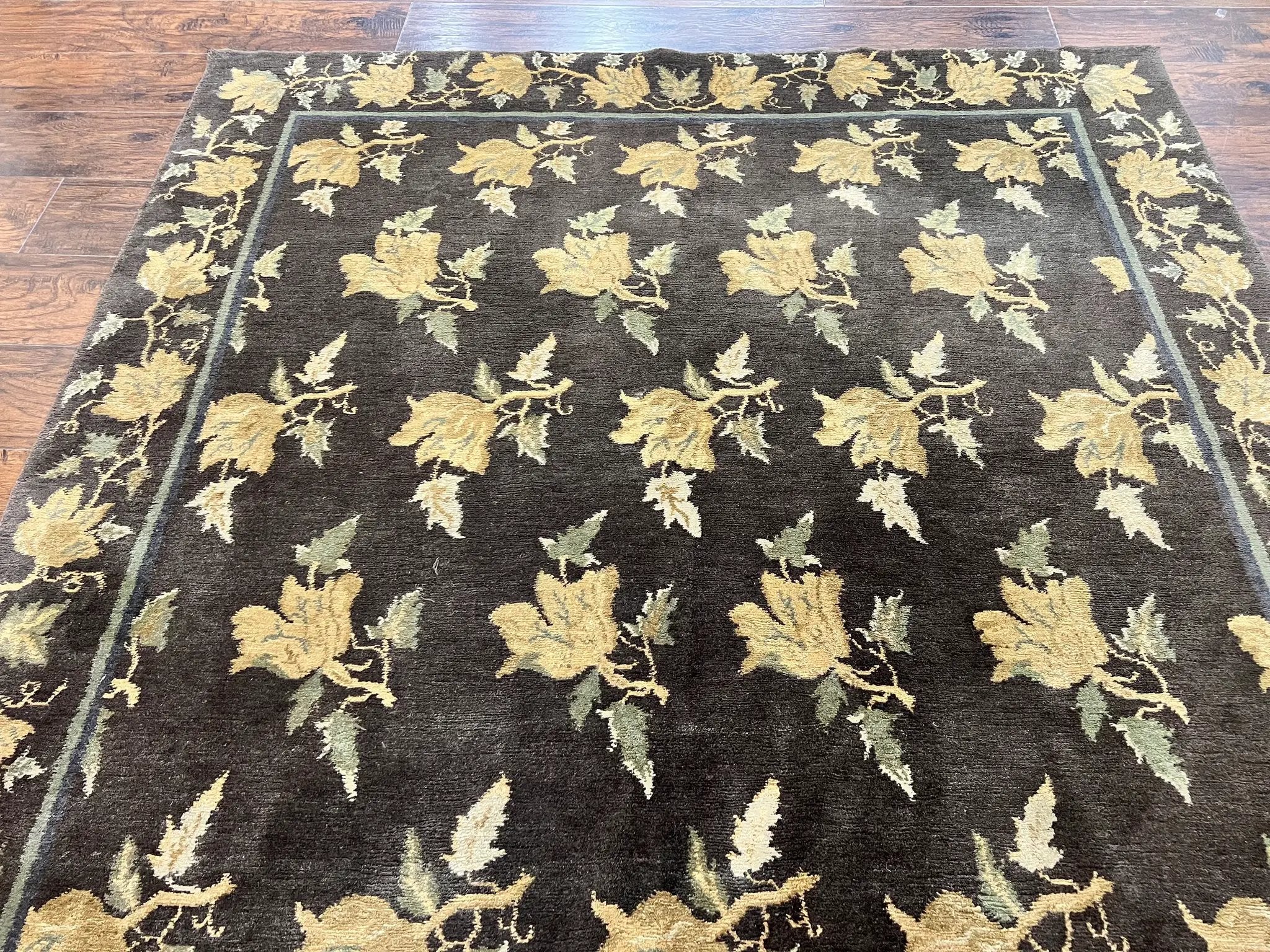 Tibetan Nepal Rug 6x9, Wool Hand Knotted Vintage Carpet 6 x 9, Dark Green & Golden Yellow, Floral Bouquets by Jewel Rugs