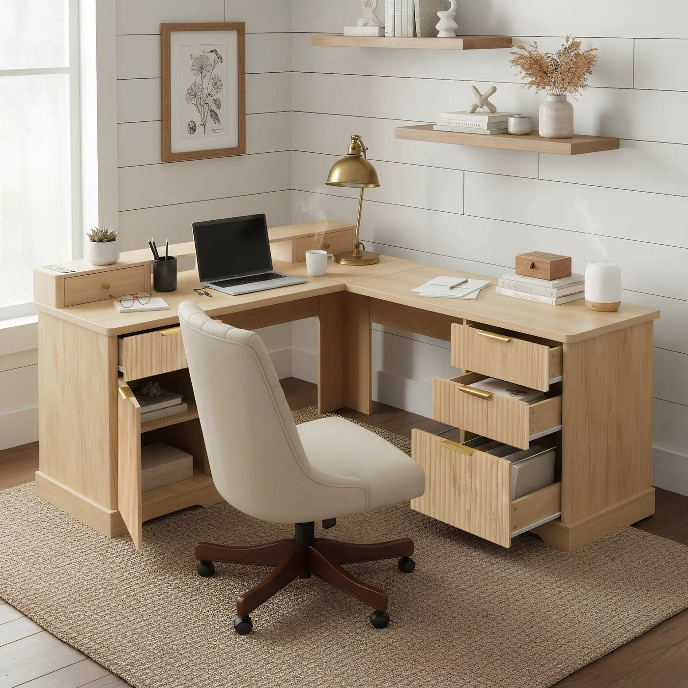 59" Modern Fluted L-Shaped Desk with Charging Station & Storage by HouseOfZazla