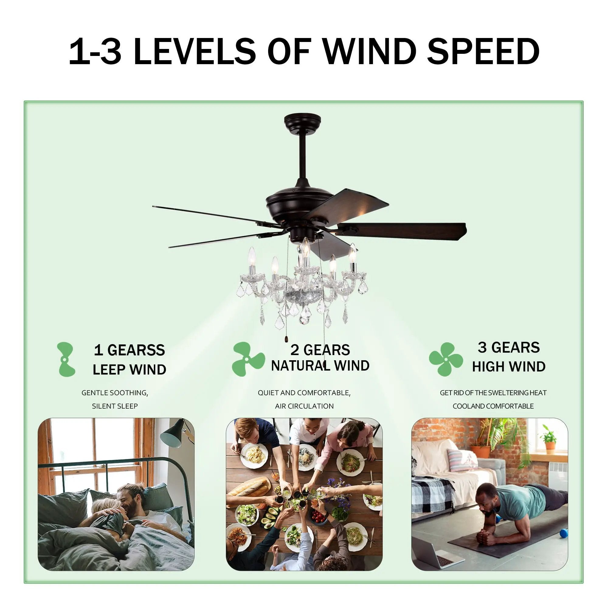 52" Crystal Shade Ceiling Fan Lamp, 3 Speed, 4 Timing, 5 Reversible Blades Crystal Ceiling Fan, 5 Pieces X E12 (No Include Bulb), Hand Pull Chain - Matte Black by HouseOfZazla