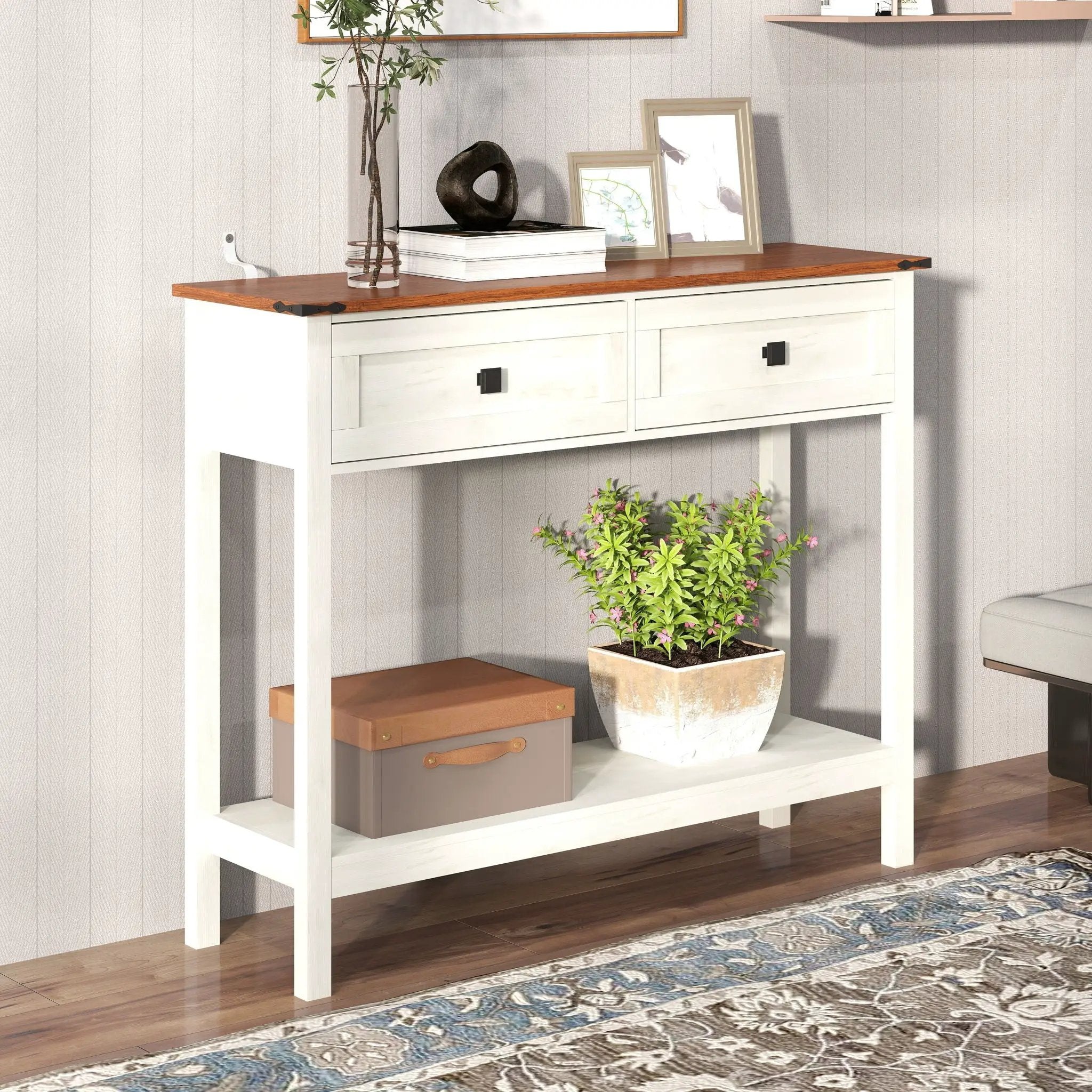 Farmhouse Style Console Table With 2 Drawers And Bottom Storage Shelf