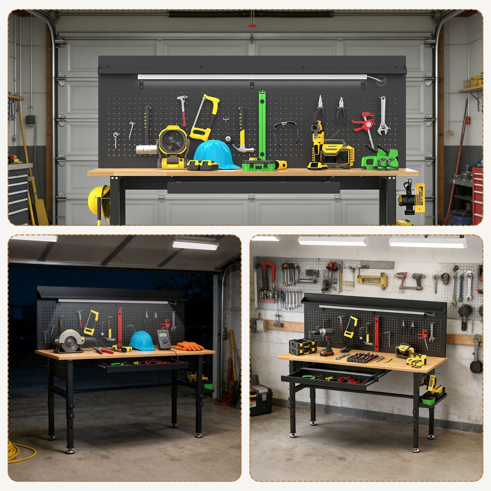 Adjustable Height Workbench, Includes Drawers, Power Outlet, LED Light, Wheels Or Leveling Feet - Black by HouseOfZazla