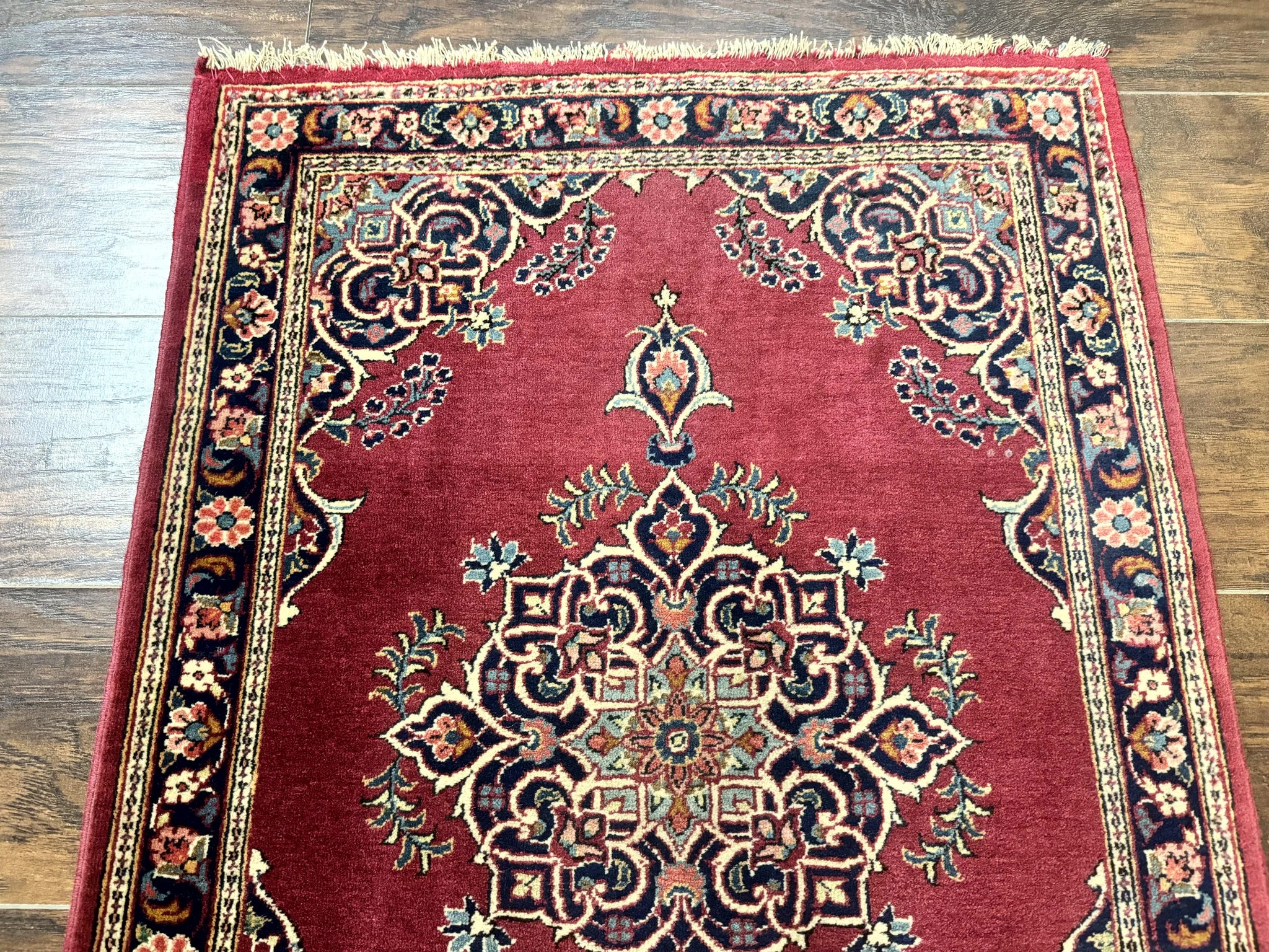Small Persian Kashan Rug 2x3, Red and Navy Blue, Handmade Vintage Wool Semi Antique Persian Carpet, Semi Open Field, Pair B by Jewel Rugs