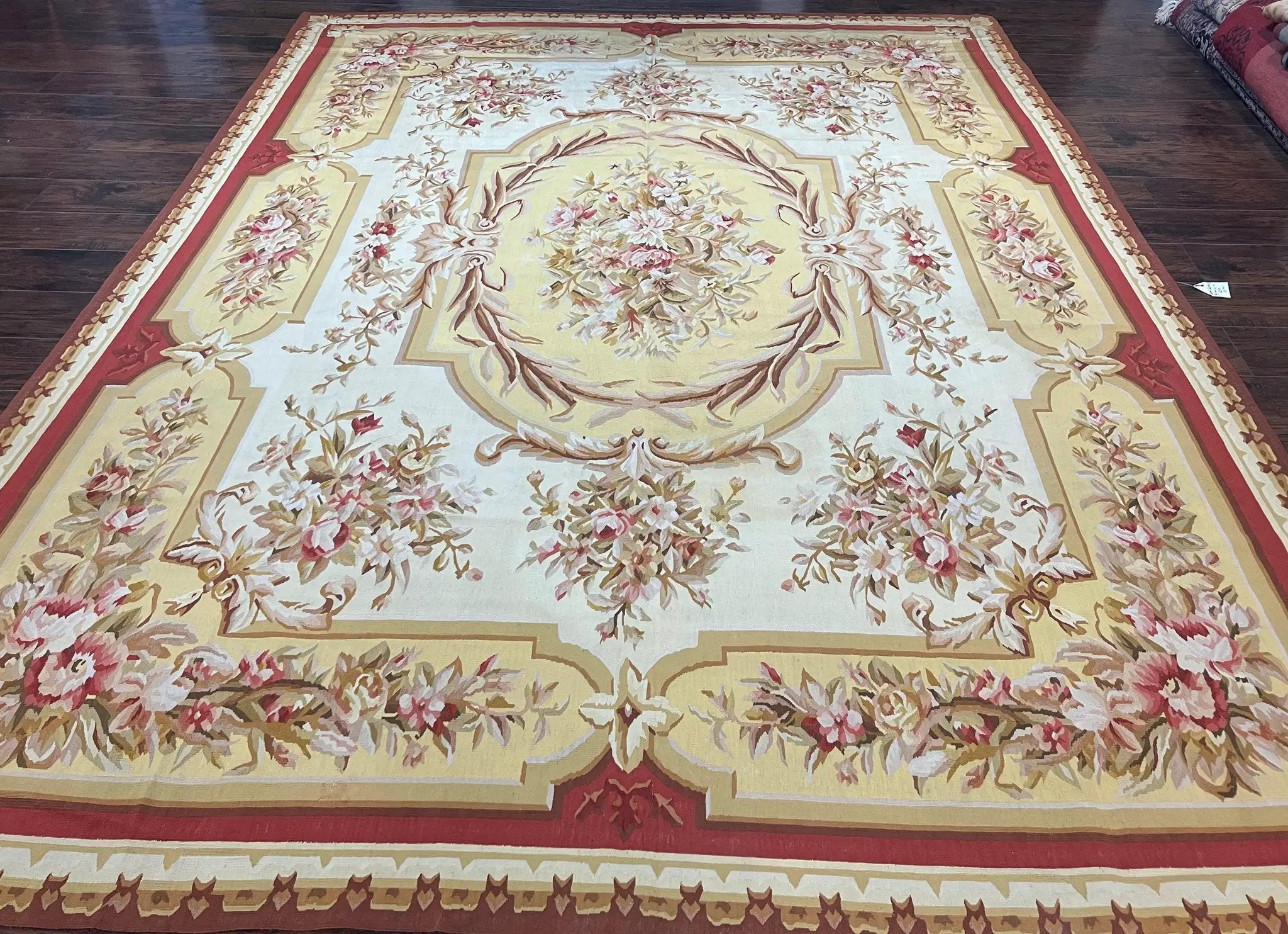 Aubusson Rug 9x12, Elegant Flatweave Savonnerie Carpet 9 x 12 ft, Ivory Light Yellow Red, Handmade Wool Flatweave French European Rug by Jewel Rugs
