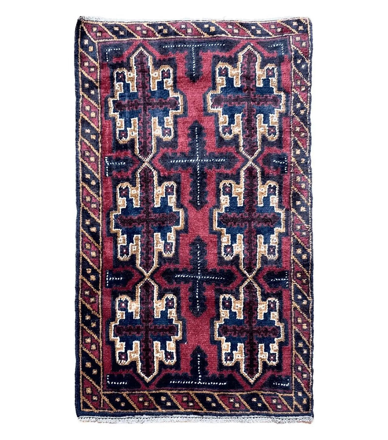 2' 7" X 4' 6" Vintage Handmade Tribal Wool Rug Balouchi Rug Afghan Rug Red Blue by Jewel Rugs