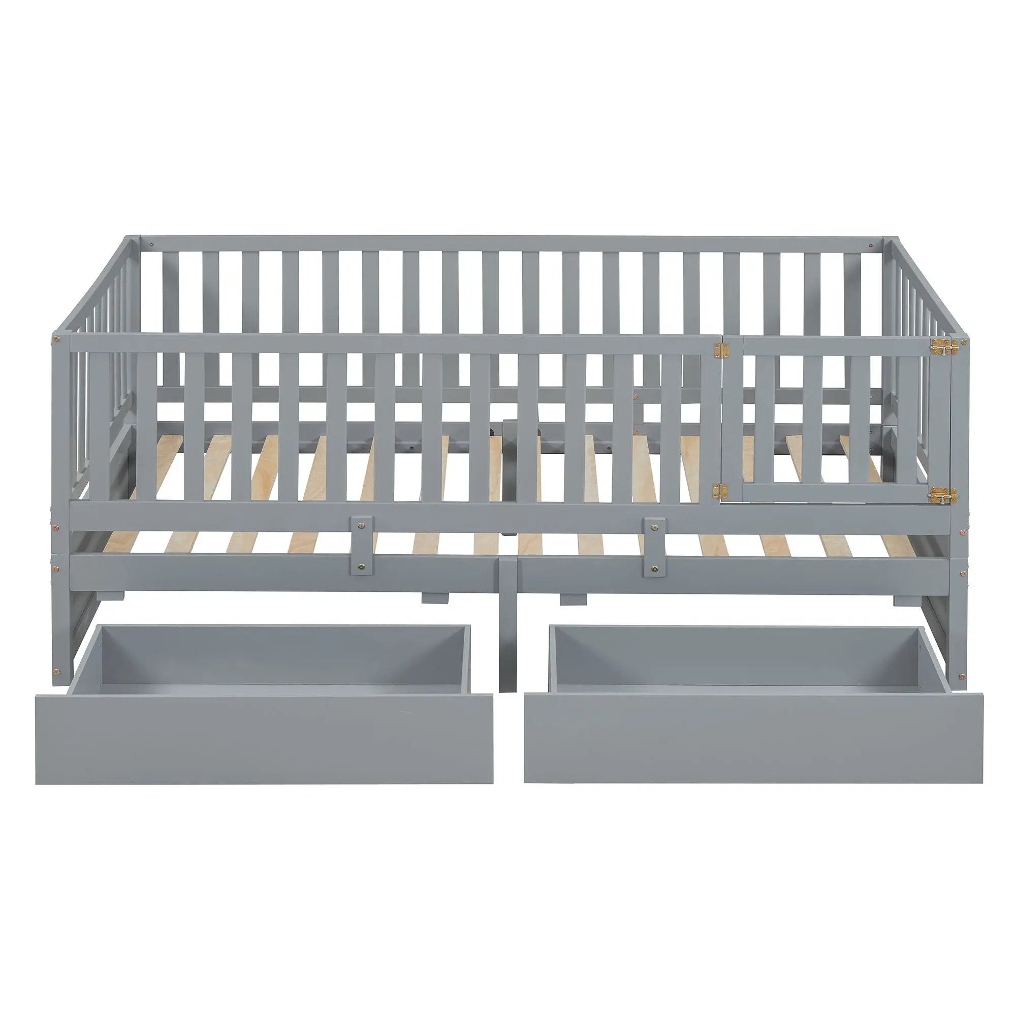Daybed With Fence Guardrails And 2 Drawers, Split Into Independent Floor Bed & Daybed by HouseOfZazla