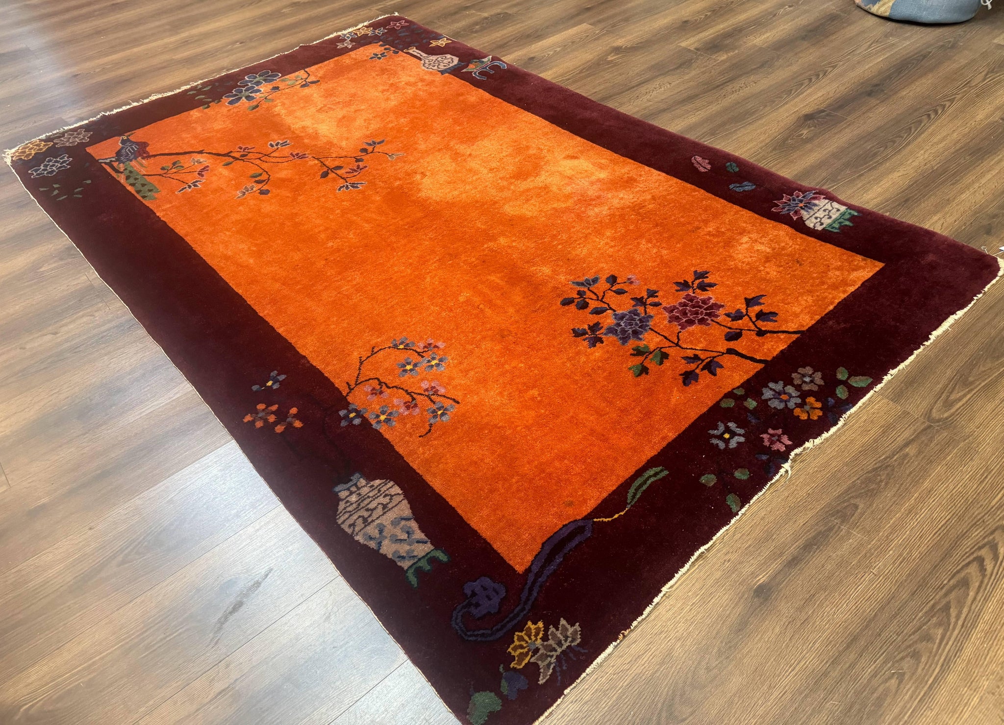 Chinese Art Deco Rug 5x8, Antique Chinese Wool Rug, Nichols Rug, Rare Chinese Carpet, Orange and Purple-Maroon by Jewel Rugs