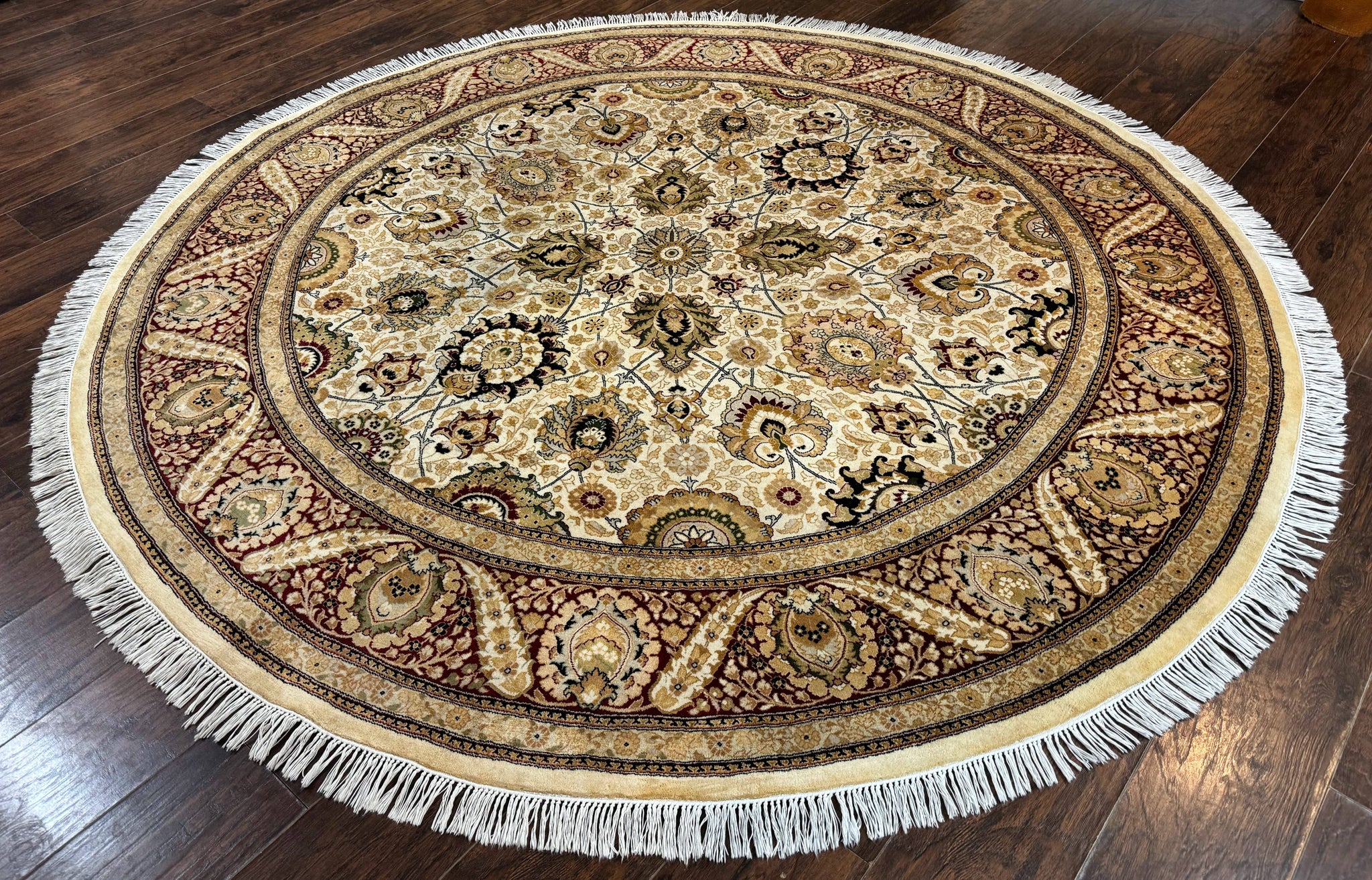 Round Pak Persian Rug 8x8, Vintage Handmade Wool Traditional Carpet, Beige Dark Red, Fine 270 KPSI by Jewel Rugs