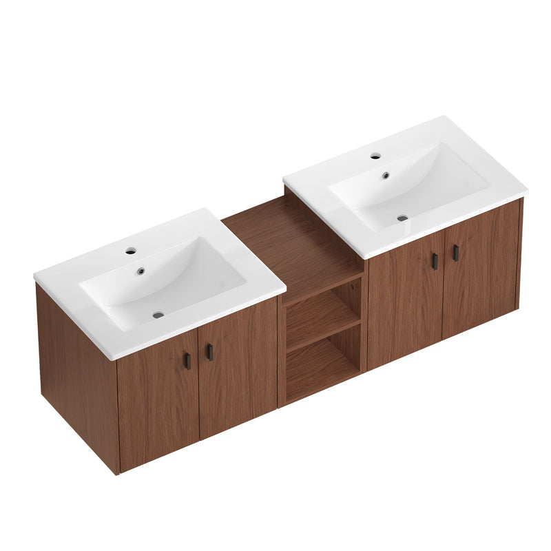 Soft Close Doors Bathroom Vanity with Storage Shelves - Reddish Brown