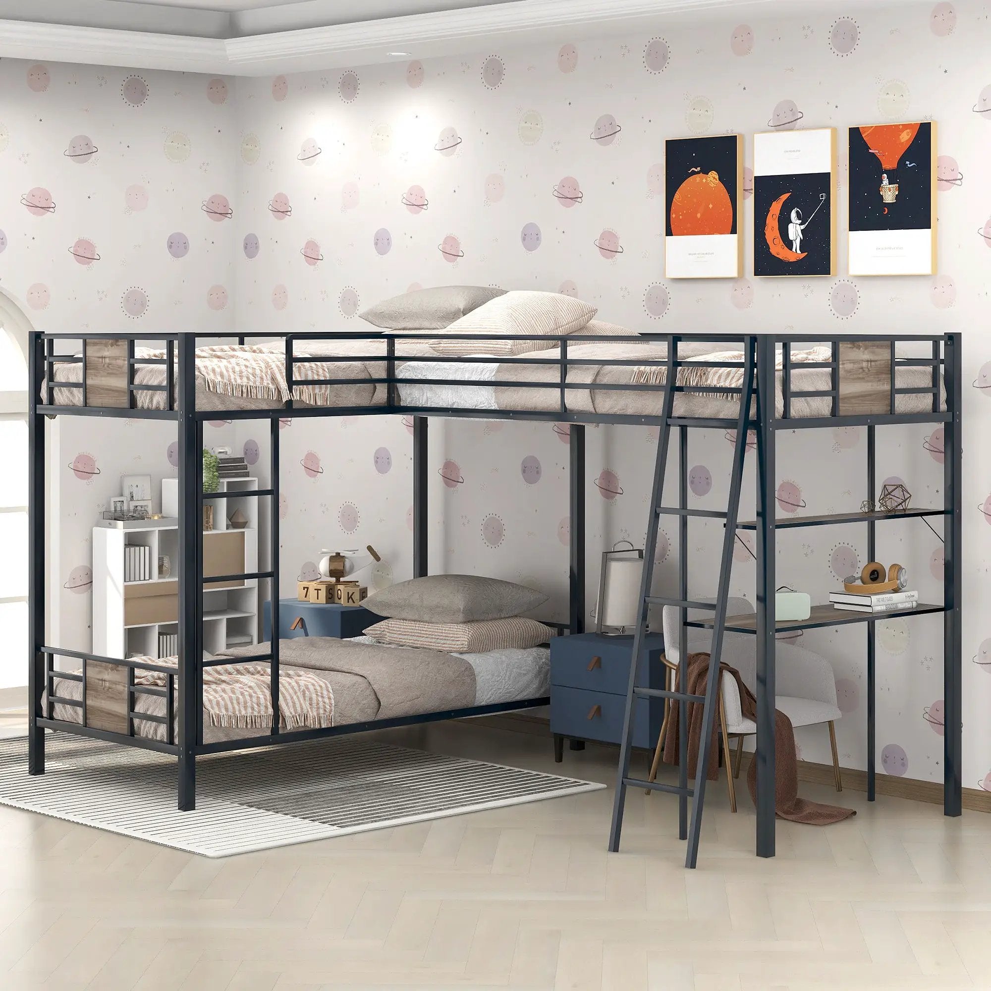 L-Shaped Twin Over Twin Bunk Bed With Twin Size Loft Bed With Desk And Shelf - Brown by Unique Piece Furniture