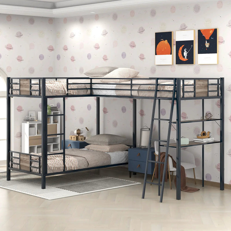L-Shaped Twin Over Twin Bunk Bed With Twin Size Loft Bed With Desk And Shelf - Brown by Unique Piece Furniture