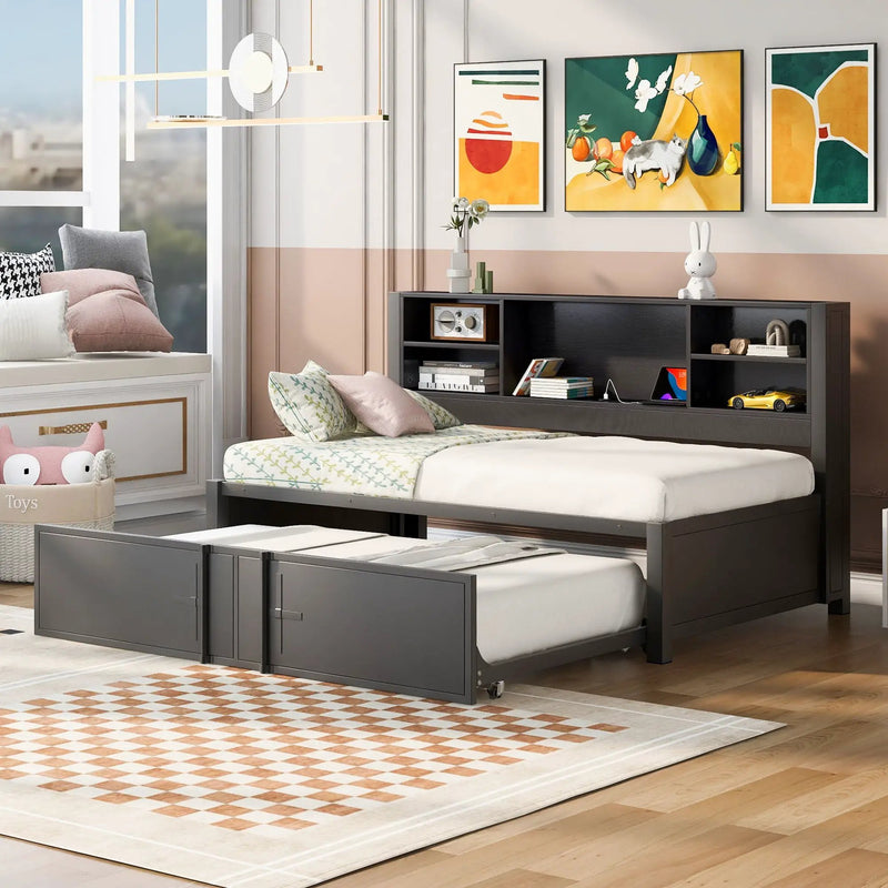 Industrial Metal Daybed With Trundle, Storage Shelves, USB Ports by HouseOfZazla