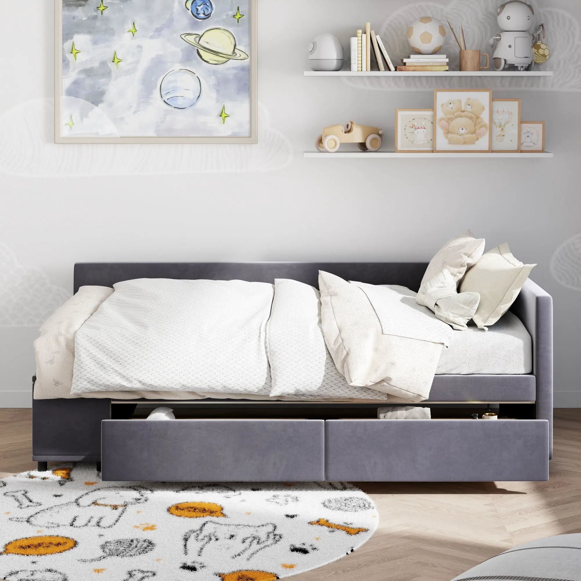 L Shaped Upholstered Platform Bed With Storage And Drawers by HouseOfZazla