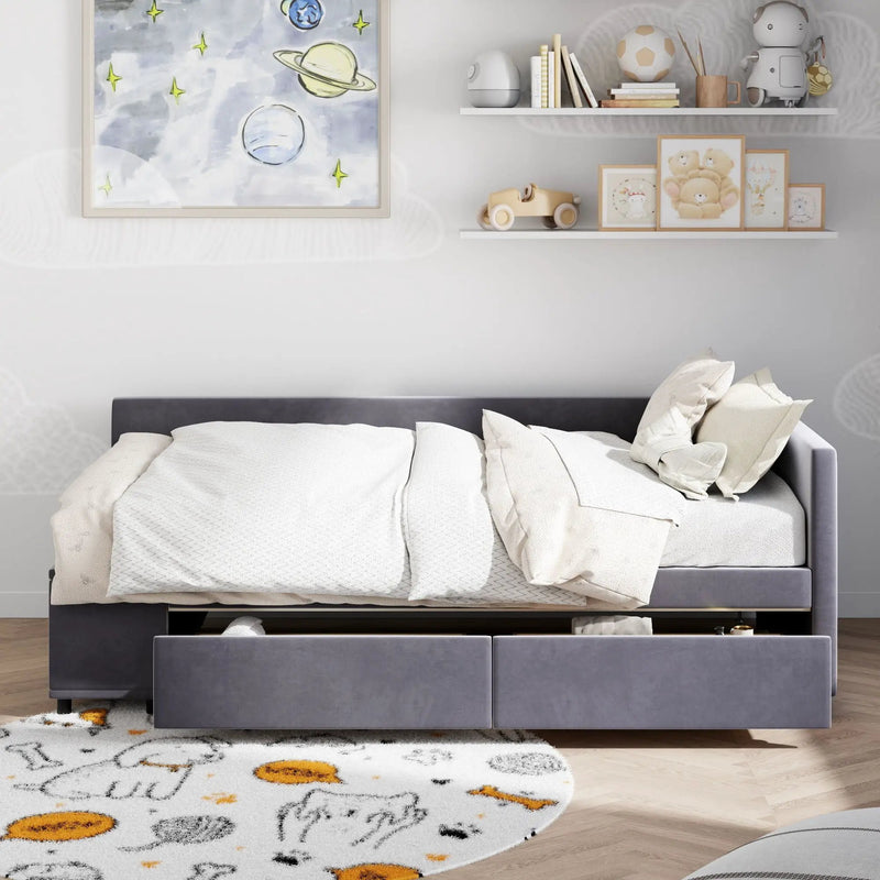 L Shaped Upholstered Platform Bed With Storage And Drawers by HouseOfZazla