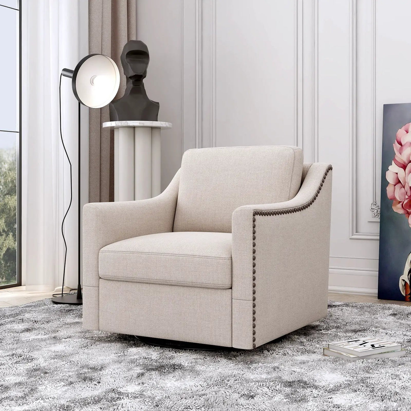 360 Degree Swivel Armchair, Skin Friendly Fabric, Ergonomic Design, Brass Nail Decorative Armchair by HouseOfZazla