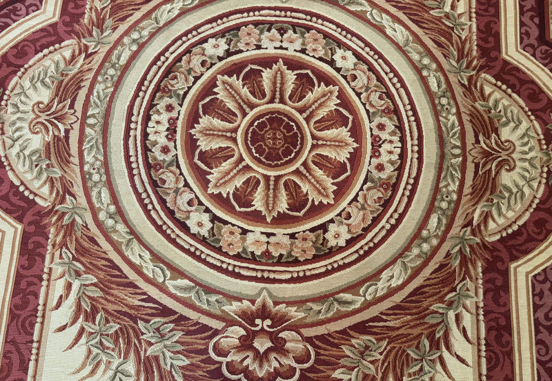 Large Aubusson Rug 10x13, Thick Flatweave Carpet, Elegant European Design, Cream and Raspberry by Jewel Rugs