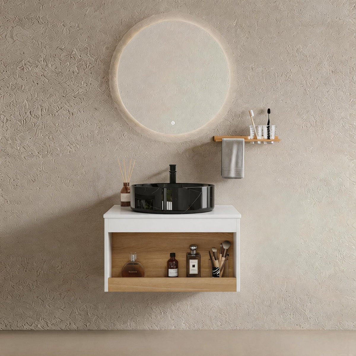Floating Bathroom Vanity With Vessel Sink With Open Shelf Storage, photo 20 of 21