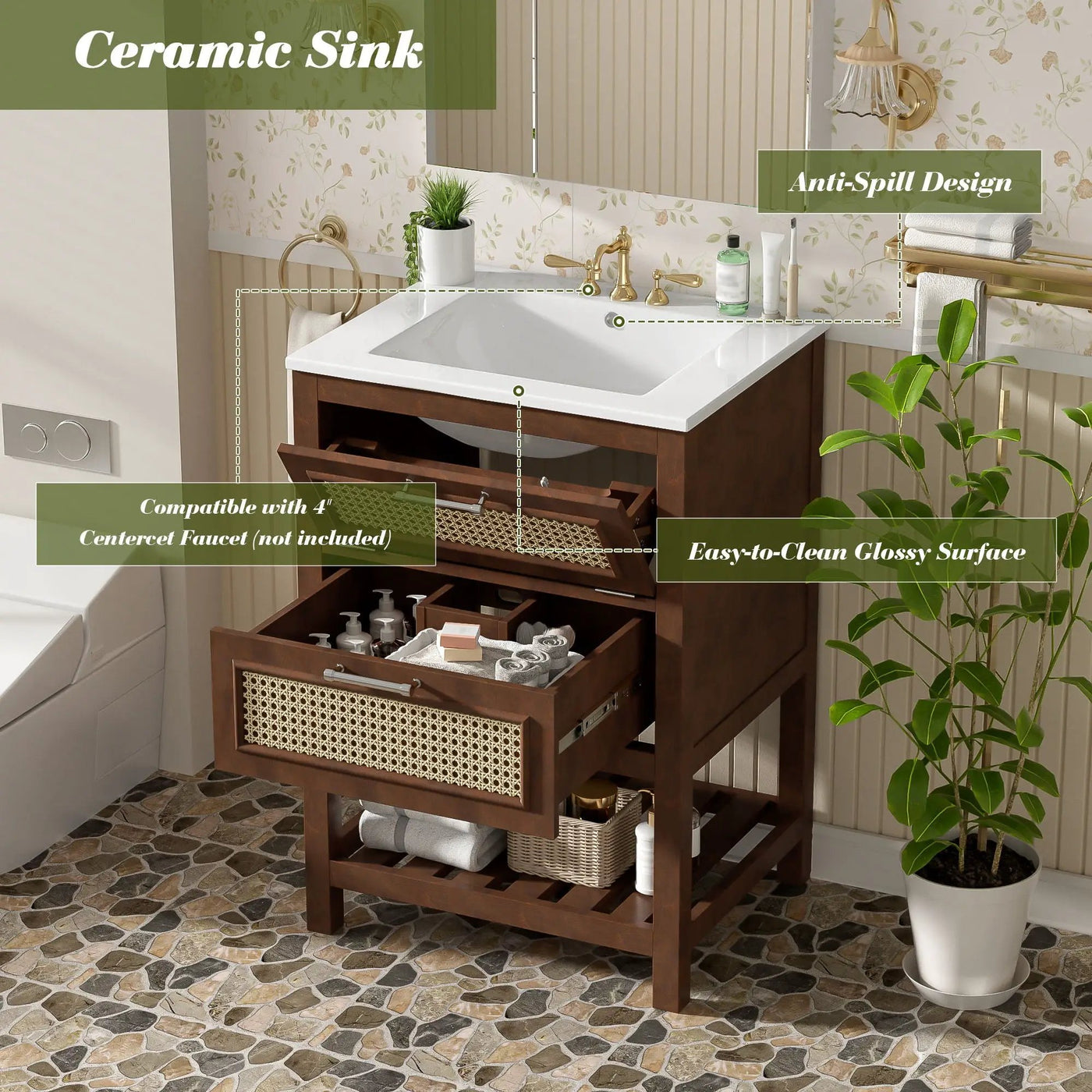 Modern Bathroom Vanity With Integrated Sink, Cabinet With 1 Deep Drawer And 1 Tip-Out Drawer by HouseOfZazla