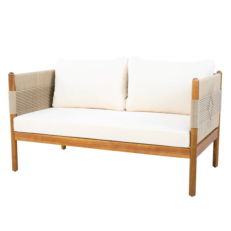 Outdoor Acacia Wood Loveseat with Diamond Rope Weave & Cushions, Teak Finish by HouseOfZazla