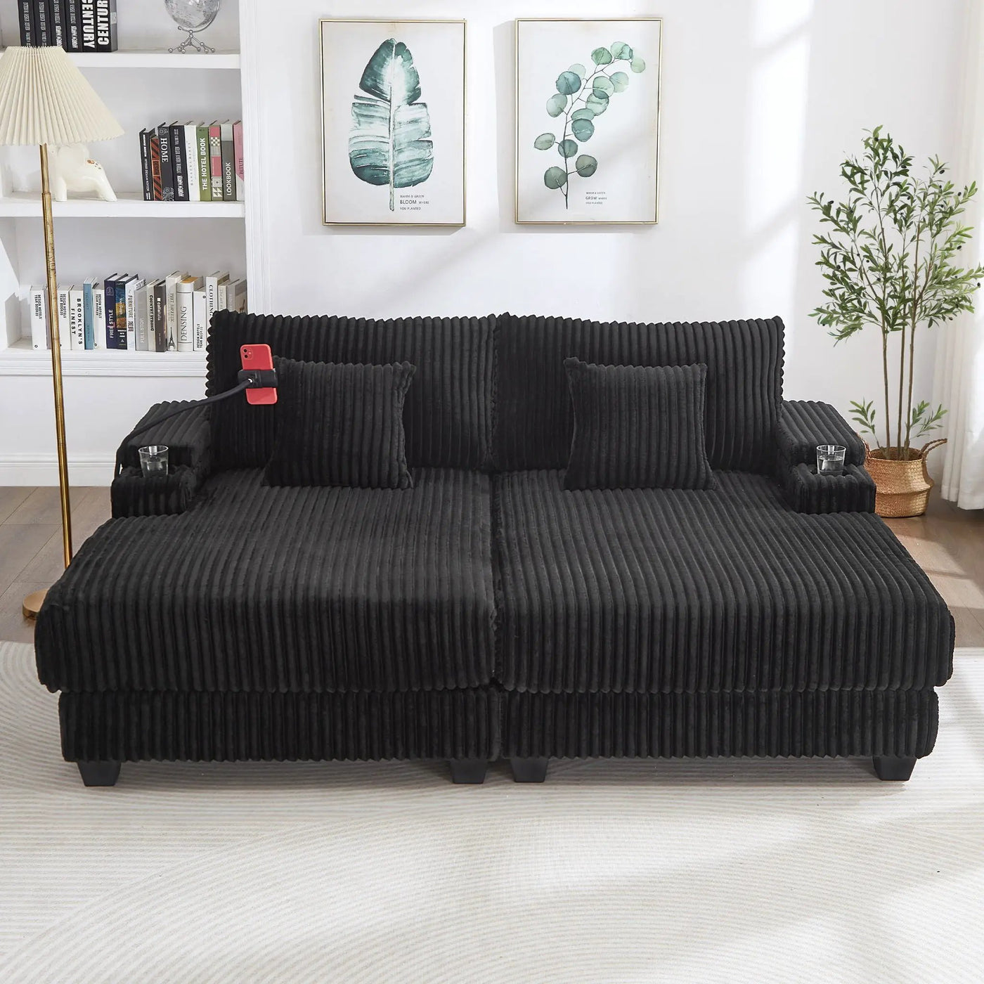 Modern Chaise Sofa With Adjustable Backrest, Cup Holders, Phone Holder & Storage Compartments For Living Room by Unique Piece Furniture